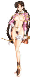 Rule 34 | 1girl, barefoot, barefoot sandals (jewelry), barubaresu no musume, belly chain, bottomless, bow, bow (weapon), braid, breastless clothes, breasts, bridal garter, bridal gauntlets, brown hair, earrings, female pubic hair, full body, groin, hand on own hip, highres, hip focus, jewelry, legs, long hair, nipples, no bra, no panties, pubic hair, pussy, revealing clothes, simple background, smile, solo, standing, third-party edit, toeless legwear, twin braids, uncensored, urushihara satoshi, very long hair, weapon, white background