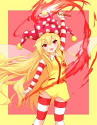 Rule 34 | 1girl, :d, arm above head, arm at side, blonde hair, blush, border, breasts, clownpiece, commentary request, cosplay, dress, fairy wings, fang, feet out of frame, hair between eyes, hat, highres, holding, holding torch, jester cap, long hair, looking at viewer, mcdonald&#039;s, open mouth, pantyhose, pink hat, polka dot, red background, red eyes, ronald mcdonald, ronald mcdonald (cosplay), simple background, skin fang, small breasts, smile, solo, standing, striped clothes, striped pantyhose, striped sleeves, thighhighs, tilt gyx, torch, touhou, very long hair, wings, yellow dress, zettai ryouiki, zipper pull tab
