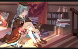 Rule 34 | 1girl, absurdres, animal ears, arknights, bear ears, beret, blue eyes, blue hair, book, book stack, brown cape, brown footwear, brown hat, cape, chess piece, chessboard, chinese commentary, commentary request, drawing (object), hair between eyes, hat, highres, holding, holding book, hongbaise raw, istina (arknights), kneehighs, letterboxed, loafers, long hair, long sleeves, looking at viewer, monocle, shoes, socks, solo, stuffed animal, stuffed toy, teddy bear, ursus empire logo, very long hair, white socks, zima (arknights)