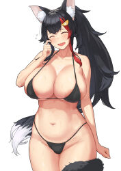 Rule 34 | 1girl, animal ear fluff, animal ears, areola slip, bikini, black bikini, black hair, blush, breasts, closed eyes, embarrassed, flying sweatdrops, hair ornament, hairclip, highres, hololive, large breasts, long hair, micro bikini, multicolored hair, natsuzo380, navel, ookami mio, open mouth, ponytail, simple background, smile, solo, streaked hair, swimsuit, tail, tail around own leg, virtual youtuber, white background, wolf ears, wolf girl, wolf tail