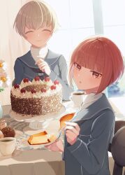 Rule 34 | 2girls, black dress, black sailor collar, blonde hair, blush, cake, chair, closed eyes, closed mouth, coffee, cup, dress, flower, food, fork, highres, holding, holding fork, holding plate, kantai collection, long sleeves, multiple girls, parted lips, plant, plate, potted plant, ranran 3939, red eyes, red hair, sailor collar, sailor dress, short hair, smile, white flower, z1 leberecht maass (kancolle), z3 max schultz (kancolle)