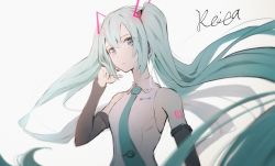 Rule 34 | 1girl, bad id, bad pixiv id, bare shoulders, black sleeves, breasts, closed mouth, collared shirt, commentary request, detached sleeves, glowing, green hair, green neckwear, grey background, hair between eyes, hand up, hatsune miku, hatsune miku (vocaloid4), headgear, headset, highres, hoshizaki reita, long sleeves, shirt, signature, simple background, sleeveless, sleeveless shirt, small breasts, solo, twintails, vocaloid, white shirt