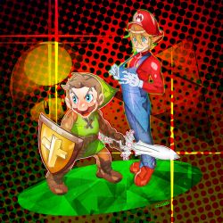 Rule 34 | 2boys, absurdres, blue eyes, brown hair, cosplay, costume switch, facial hair, gloves, halftone, halftone background, hat, height difference, highres, holding, holding sword, holding weapon, huge filesize, larry d warren jr., link, link (cosplay), male focus, mario, mario (cosplay), mario (series), multiple boys, mustache, nintendo, overalls, pointy ears, shield, sword, the legend of zelda, tunic, weapon, white gloves