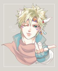 Rule 34 | 1boy, blonde hair, blue jacket, caesar anthonio zeppeli, facial mark, feather hair ornament, feathers, fingerless gloves, gloves, green eyes, hair ornament, headband, highres, jacket, jojo no kimyou na bouken, kogatarou, male focus, one eye closed, outstretched hand, pink scarf, scarf, solo