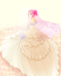Rule 34 | 1girl, alternate costume, alternate hairstyle, bad id, bad pixiv id, bare shoulders, braid, chelsea torn, dress, floral background, flower, green eyes, highres, looking back, pink hair, ponytail, rose, short hair, solo, tales of (series), tales of destiny, tiara, veil, wedding dress, white background, white dress, white flower, white rose, white theme, yabuki haru