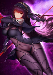 Rule 34 | 1girl, absurdres, an yasuri, armor, bodysuit, breasts, capelet, commentary request, covered navel, dress, dual wielding, expressionless, fate/grand order, fate (series), floating hair, gae bolg (fate), glowing, hair between eyes, highres, holding, holding polearm, holding spear, holding weapon, large breasts, leg up, light particles, long hair, looking at viewer, open clothes, pauldrons, polearm, purple background, purple bodysuit, purple dress, purple hair, red eyes, revision, scathach (fate), shoulder armor, solo, spear, star (symbol), thighs, veil, very long hair, weapon