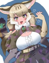 Rule 34 | 1girl, absurdres, animal costume, animal ear fluff, animal ears, belt, bow, bowtie, breasts, cat ears, cat girl, cat tail, elbow gloves, gloves, green eyes, grey hair, highres, jungle cat (kemono friends), kemono friends, kemono friends v project, large breasts, long hair, looking at viewer, microphone, morrowine, multicolored hair, open mouth, ribbon, scarf, shirt, simple background, skirt, smile, solo, tail, virtual youtuber