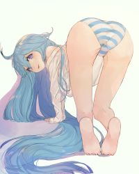 Rule 34 | 10s, 1girl, :p, ass, bad id, bad twitter id, barefoot, bent over, blue hair, denpa onna to seishun otoko, feet, highres, kikkaiki, long hair, looking at viewer, off shoulder, panties, purple eyes, sleeves past wrists, smile, soles, solo, striped clothes, striped panties, tongue, tongue out, touwa erio, underwear, very long hair