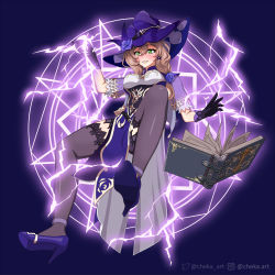 Rule 34 | 1girl, black gloves, blue flower, blush, breasts, brown hair, floating, flower, genshin impact, gloves, green eyes, hair between eyes, hair ornament, hat, heels, highres, huge breasts, large breasts, levitation, lighting, lisa (genshin impact), long hair, open mouth, smile, witch, witch hat