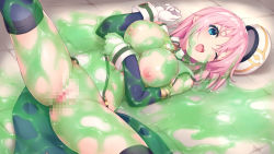 Rule 34 | 1girl, black thighhighs, blue eyes, blush, breasts, censored, clan senki, detached collar, elbow gloves, game cg, gloves, hair between eyes, hat, highres, large breasts, lying, mosaic censoring, navel, nipples, no bra, no panties, one eye closed, open mouth, pink hair, pokachu, pussy, short hair, slime (substance), spread legs, teeth, thighhighs, tile floor, tiles, upper teeth only, white gloves, white hat, wrist cuffs