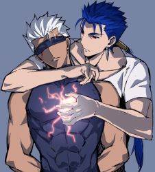 Rule 34 | 2boys, akujiki59, archer (fate), archer alter (fate), bare shoulders, blindfold, blue hair, covered abs, covered navel, cu chulainn (fate), cu chulainn (fate/stay night), dark-skinned male, dark skin, fate/stay night, fate (series), male focus, multiple boys, official style, pectorals, ponytail, red eyes, shirt, short hair, sleeveless, spiked hair, toned, toned male, upper body, white hair, white shirt