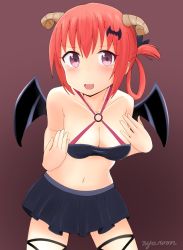 Rule 34 | 10s, 1girl, bare shoulders, blush, breasts, cleavage, fang, gabriel dropout, highres, horns, satanichia kurumizawa mcdowell, looking at viewer, medium breasts, navel, nyaroon, open mouth, red eyes, red hair, smile, solo, standing
