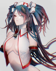 Rule 34 | 1girl, amputee, android, animal, animal on head, aqua eyes, bare shoulders, blood, blood splatter, blue hair, breasts, calne ca (deino), collared shirt, crop top, double amputee, earrings, eyelashes, gradient hair, grey background, hair ribbon, hat, heart, heart print, heterochromia, highres, humanization, isopod, jewelry, joints, looking at viewer, medium breasts, multicolored hair, nato-kun, nurse cap, on head, open clothes, open shirt, original, parted lips, red eyes, red hair, ribbon, robot joints, shirt, simple background, skull, sleeveless, solo, swept bangs, tobacco (tabakokobata), two-tone hair, two side up, upper body, white ribbon, white shirt