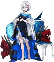 Rule 34 | 1girl, admiral graf spee (a novel anniversary) (azur lane), admiral graf spee (azur lane), azur lane, bare shoulders, black dress, blue eyes, breasts, collarbone, commentary request, dress, earrings, full body, high heels, jewelry, looking at viewer, multicolored hair, official alternate costume, official art, own hands together, ran (bukeranwu), red hair, short hair, silver hair, solo, steepled fingers, streaked hair, transparent background, turret