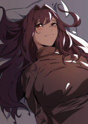 Rule 34 | 1girl, absurdres, blush, breasts, fate/grand order, fate (series), hair intakes, highres, hu tu, large breasts, long hair, long sleeves, looking at viewer, lying, pillow, purple hair, red eyes, scathach (fate), smile, solo, sweater, very long hair