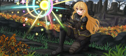 Rule 34 | 1girl, :d, absurdres, bare tree, black footwear, black gloves, black pants, blonde hair, blue sky, blush, boots, braid, breasts, brown eyes, brown jacket, cloud, cloudy sky, commentary, commission, day, english commentary, fang, gloves, gun, hair over shoulder, helldivers (series), highres, holding, holding gun, holding weapon, jacket, kazenokaze, kirisame marisa, knee boots, long hair, magic circle, medium breasts, on one knee, open mouth, outdoors, pants, rocket launcher, sky, smile, solo, star (symbol), touhou, tree, uniform, very long hair, weapon, yin yang