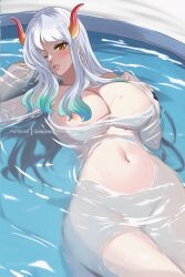 Rule 34 | 1girl, ;o, areola slip, blush, breasts, highres, horns, lady shin, large breasts, long hair, looking at viewer, midriff, navel, nipples, one eye closed, one piece, open mouth, orange eyes, solo, water, white hair, yamato (one piece)