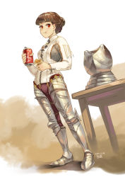 Rule 34 | 1girl, armor, unworn armor, breastplate, brown hair, can, chainmail, cola, commentary, dated, dutch angle, eating, english commentary, full body, greaves, hair bun, highres, holding, original, pirata (gailtonatiu), plate armor, red eyes, sabaton, signature, simple background, single hair bun, solo, table