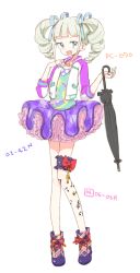 Rule 34 | 1girl, aikatsu!, aikatsu! (series), blunt bangs, boots, closed umbrella, drill hair, fang, frilled skirt, frills, full body, hair ribbon, holding, holding umbrella, jacket, mokeo, open mouth, purple skirt, ribbon, shirt, sidelocks, simple background, skirt, solo, standing, todo yurika, twin drills, twintails, umbrella, white background