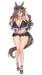 1girl animal_ears bikini blue_eyes breasts cleavage eyewear_on_head flower food frilled_bikini frills fukuro_(maruaru00) grey_hair hair_between_eyes hand_on_own_head hibiscus highres horse_ears horse_girl horse_tail ice_cream large_breasts long_hair navel one_eye_closed perry_steam_(umamusume) sandals smile solo sunglasses swimsuit tail umamusume umamusume:_beginning_of_a_new_era white_background wide_hips