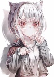 Rule 34 | 1girl, against wall, animal ears, closed mouth, highres, long sleeves, maruna(maa ruu2), original, piercing, red eyes, shirt, short hair, simple background, solo, symbol-only commentary, white hair