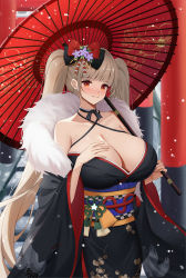 Rule 34 | 1girl, absurdres, azur lane, bare shoulders, black kimono, blush, breasts, choker, cleavage, closed mouth, commentary request, criss-cross halter, formidable (azur lane), fur-trimmed kimono, fur trim, grey hair, hair ornament, halterneck, highres, huge breasts, japanese clothes, kanzashi, kimono, long hair, long sleeves, looking at viewer, obi, obijime, off shoulder, oil-paper umbrella, orange eyes, outdoors, ribbon choker, sash, sidelocks, smile, snow, snowing, solo, standing, torii, twintails, umbrella, very long hair, wide sleeves, yuuri vv