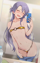 Rule 34 | 1girl, absurdres, bikini, blue pants, blush, bottle, breasts, cellphone, clothes pull, collarbone, commentary request, denim, highres, holding, holding phone, idolmaster, idolmaster (classic), jeans, kisaragi chihaya, long hair, nipples, o-ring, o-ring bikini, o-ring top, one eye closed, open mouth, pants, pants pull, phone, plastic bottle, purple hair, selfie, small breasts, smile, solo, standing, swimsuit, tengu (tetuo kun), water bottle, yellow bikini