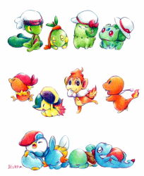 Rule 34 | ^ ^, baseball cap, beanie, beret, blue oak, blue oak (cosplay), borrowed clothes, brendan (pokemon), bulbasaur, charmander, chikorita, chimchar, closed eyes, clothed pokemon, cosplay, creatures (company), cyndaquil, dawn (pokemon), dawn (pokemon) (cosplay), ethan (pokemon), ethan (pokemon) (cosplay), flame-tipped tail, game freak, gen 1 pokemon, gen 2 pokemon, gen 3 pokemon, gen 4 pokemon, hat, jewelry, leaf (pokemon), leaf (pokemon) (cosplay), lucas (pokemon), lucas (pokemon) (cosplay), lyra (pokemon), lyra (pokemon) (cosplay), may (pokemon), may (pokemon) (cosplay), mudkip, necklace, nintendo, no humans, open mouth, piplup, pokemon, pokemon (creature), pokemon rse, porkpie hat, red (pokemon), red (pokemon) (cosplay), ribbon, running, sanshoku iruka, scarf, signature, simple background, sitting, sleeping, smile, squirtle, starter pokemon trio, torchic, totodile, traditional media, treecko, turtwig, unworn hat, unworn headwear, white hat