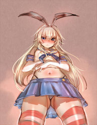 Rule 34 | &gt;:(, 10s, 1girl, alternate eye color, blonde hair, blush, bow (bhp), elbow gloves, from below, frown, gloves, gluteal fold, hairband, kantai collection, long hair, navel, panties, pantyshot, personification, shimakaze (kancolle), skirt, solo, striped clothes, striped thighhighs, thighhighs, underwear, upskirt, v-shaped eyebrows, zettai ryouiki