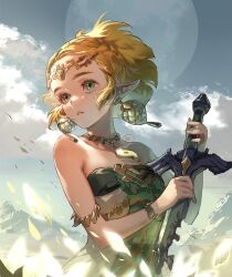 Rule 34 | 1girl, armlet, bare shoulders, blonde hair, bracelet, braid, broken, broken sword, broken weapon, circlet, cloud, collarbone, crown braid, dress, earrings, eyelashes, facepaint, falling leaves, full moon, green dress, green eyes, hands up, holding, holding sword, holding weapon, jewelry, leaf, looking to the side, magatama, magatama necklace, moon, mountainous horizon, multicolored clothes, multicolored dress, necklace, nintendo, outdoors, parted lips, pointy ears, princess zelda, short hair, signature, sky, solo, strapless, strapless dress, suzuki rika, sword, the legend of zelda, the legend of zelda: tears of the kingdom, upper body, weapon, white dress, wind