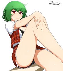 Rule 34 | 10s, 1girl, 2016, bare legs, black bra, black panties, bra, breasts, closed mouth, dated, eyebrows, fingernails, frilled skirt, frilled sleeves, frills, green hair, hand on own knee, kazami yuuka, lace, lace-trimmed bra, lace trim, looking at viewer, mattari yufi, medium breasts, miniskirt, open clothes, open vest, outstretched arm, panties, pantyshot, plaid, plaid skirt, plaid vest, puffy short sleeves, puffy sleeves, red eyes, red skirt, red vest, shirt, short hair, short sleeves, sitting, skirt, smile, solo, touhou, twitter username, underwear, upskirt, vest, white background, white shirt