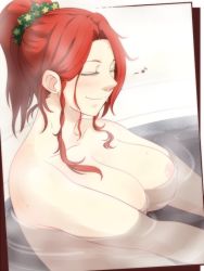 Rule 34 | 1girl, bathing, bathtub, breasts, cleavage, closed eyes, commentary request, female focus, hair ornament, hair scrunchie, hong meiling, large breasts, musical note, neko majin, nipples, nude, parted bangs, ponytail, red hair, scrunchie, sitting, smile, solo, star (symbol), star print, touhou