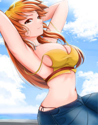 Rule 34 | 1girl, absurdres, arched back, armpits, arms behind head, blue sky, breasts, brown eyes, cloud, commission, crop top, day, denim, highres, jeans, jewelry, joy (shenmue), large breasts, long hair, looking at viewer, midriff, navel, necklace, orange hair, outdoors, panties, pants, panty peek, pixiv commission, poolpool, sega, shenmue, shenmue ii, shenmue the animation, shirt, sitting, sky, sleeveless, solo, strap slip, underwear, yellow shirt