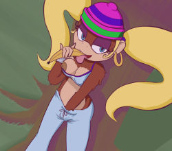 Rule 34 | 1girl, against tree, ape, banana, beanie, blonde hair, blue eyes, breasts, clothes, covered erect nipples, donkey kong (series), donkey kong 64, earrings, female masturbation, food, fruit, furry, furry female, hand in pants, hat, hoop earrings, implied fellatio, jewelry, large breasts, looking at viewer, masturbation, nintendo, nipple slip, nipples, one breast out, pants, pov, sexually suggestive, short twintails, solo, sweatpants, tiny kong, tree, twintails, wrist cuffs