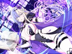 Rule 34 | 1girl, black leotard, blonde hair, blue hair, book, breasts, cape, cleavage, covered navel, detached sleeves, facial tattoo, fighting stance, flower, grimoire, hair flower, hair ornament, highres, large breasts, leotard, magic, multicolored hair, official art, purple background, purple flower, senran kagura, senran kagura new link, smile, suiren (senran kagura), tattoo, thigh strap, white eyes, window