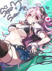 Rule 34 | 1girl, bikini, bikini top only, blush, breasts, cleavage, headphones, kanola u, large breasts, long hair, looking at viewer, microphone, nitroplus, open mouth, pink eyes, pink hair, smile, solo, super sonico, swimsuit, unfinished, vintage microphone