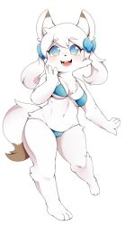 Rule 34 | 1girl, berseepon, bikini, blue eyes, bow, breasts, fox, furry, hair bow, highres, smile, swimsuit, transparent background, twintails, white hair