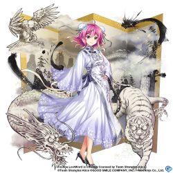 Rule 34 | 1girl, bandaged arm, bandages, bird, black footwear, bun cover, chain, copyright notice, double bun, dragon, dress, eagle, flower, hair bun, hand on own hip, high heels, ibaraki kasen, long sleeves, looking at viewer, official alternate costume, official art, pink eyes, pink hair, rose, rotte (1109), smile, solo, sparkle, tiger, touhou, touhou lostword, transparent background, white dress, white flower, white rose, wide sleeves
