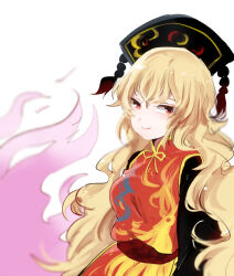 Rule 34 | 1girl, black dress, black hat, blodia, bow, bowtie, chinese clothes, closed mouth, commentary request, crescent print, dress, eyelashes, fire, flame print, hat, junko (touhou), long hair, long sleeves, looking at viewer, phoenix crown, purple fire, red eyes, red tabard, smile, solo, suzune hapinesu, tabard, tassel hat ornament, touhou, upper body, wavy hair, white background, yellow bow, yellow bowtie, yellow trim