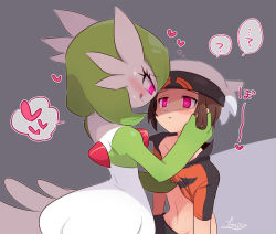 Rule 34 | 1boy, 1girl, bano akira, beanie, blush, brendan (pokemon), brown hair, clothes lift, creatures (company), eye contact, eyelashes, game freak, gardevoir, gen 3 pokemon, green hair, hat, heart, heart-shaped pupils, hetero, hypnosis, licking lips, looking at another, mind control, navel, nintendo, pink hair, pokemon, pokemon (creature), pokemon oras, pokephilia, shirt lift, spoken heart, stomach, symbol-shaped pupils, tongue, tongue out, undressing