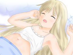 Rule 34 | 1girl, arms up, blue background, blue pants, blush, brown hair, clothes lift, collarbone, drooling, closed eyes, flower knight girl, highres, koonitabirako (flower knight girl), long hair, lying, midriff, navel, open mouth, pants, shirt, shirt lift, sleeping, sparkle, sparkle background, tank top, weru, white shirt