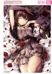 Rule 34 | 1girl, absurdres, arm up, barefoot, black ribbon, brown hair, dress, feet, flower, from above, green eyes, green nails, hair ribbon, highres, jewelry, kurumi (suien), long hair, lying, nail polish, necklace, on back, one eye closed, original, red flower, ribbon, scan, shoes, unworn shoes, smile, solo, suien, toenail polish, toenails, toes
