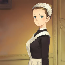 Rule 34 | 1girl, blue eyes, brown hair, maid, maid headdress, meow (nekodenki), original, short hair, solo, victorian maid