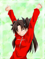 Rule 34 | 00s, 1girl, :3, \o/, arms up, brown hair, cross, closed eyes, fate/stay night, fate (series), outstretched arms, solo, tohsaka rin, turtleneck, twintails