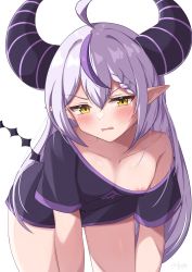 Rule 34 | 1girl, absurdres, ahoge, areola slip, black shirt, blush, breasts, commentary request, grey hair, hashira 14, highres, hololive, horns, huge horns, la+ darknesss, long hair, looking at viewer, multicolored hair, pointy ears, purple hair, shirt, simple background, small breasts, solo, streaked hair, striped horns, v-shaped eyebrows, virtual youtuber, white background, yellow eyes