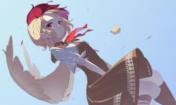 Rule 34 | 1girl, animal, bird, blonde hair, blush, brown dress, chick, dress, feathered wings, highres, kanpa (campagne 9), multicolored hair, neckerchief, niwatari kutaka, red eyes, red hair, red neckerchief, short hair, short sleeves, solo, touhou, two-tone hair, wings