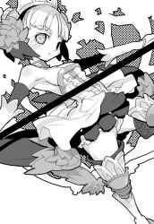 Rule 34 | 1girl, armor, armored dress, armpits, boots, breasts, cameltoe, crown, dress, flower, gloves, greyscale, gwendolyn (odin sphere), leg wings, low wings, monochrome, najimi shin, odin sphere, panties, polearm, sideboob, small breasts, solo, spear, strapless, strapless dress, thighhighs, underwear, weapon, wings