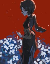 Rule 34 | 1girl, absurdres, badge, black hair, black kimono, bleach, eyelashes, flower, from side, fukutaichou badge, highres, holding, holding petal, japanese clothes, jou (jo jjo), kimono, kuchiki rukia, long bangs, looking at viewer, looking to the side, petals, red background, short hair, solo, white flower, wide sleeves