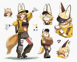 Rule 34 | &lt;|&gt; &lt;|&gt;, 1girl, :3, = =, animal ear fluff, backpack, bag, belt, black shirt, blush stickers, boots, box, breasts, brown footwear, chibi, cleavage, closed eyes, color guide, crop top, extra ears, gloves, grey shorts, grin, hair ornament, hairclip, hand on own chin, heel up, high collar, highres, holding, holding box, jacket, looking at viewer, medium breasts, midriff, multiple views, navel, open clothes, open jacket, open mouth, original, outstretched arms, partially fingerless gloves, shirt, short hair, short shorts, shorts, sidelocks, smile, standing, stroking own chin, sweatdrop, tail, takuan (taku1219oekaki), visor cap, wading, white background, white gloves, yellow jacket