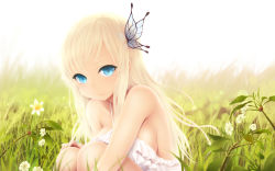 Rule 34 | 10s, 1girl, blonde hair, blue eyes, blurry, boku wa tomodachi ga sukunai, breasts, butterfly hair ornament, cait aron, depth of field, dress, female focus, flower, grass, hair ornament, highres, kashiwazaki sena, large breasts, hugging own legs, long hair, looking at viewer, nail polish, nature, outdoors, sideboob, sitting, smile, solo, squatting